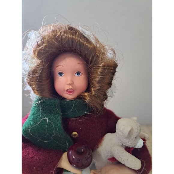Vintage Christmas Caroler 9" Girl Holding Teddy Bear and Apple - Picture 6 of 9